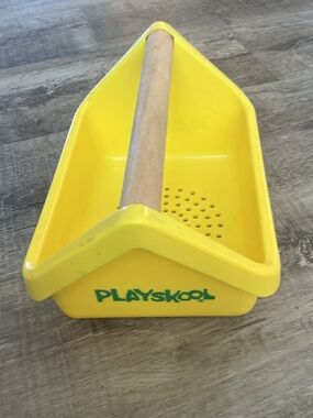 Vintage Playskool Sand Sifting Tray Wooden Tray Yellow Wood Handle